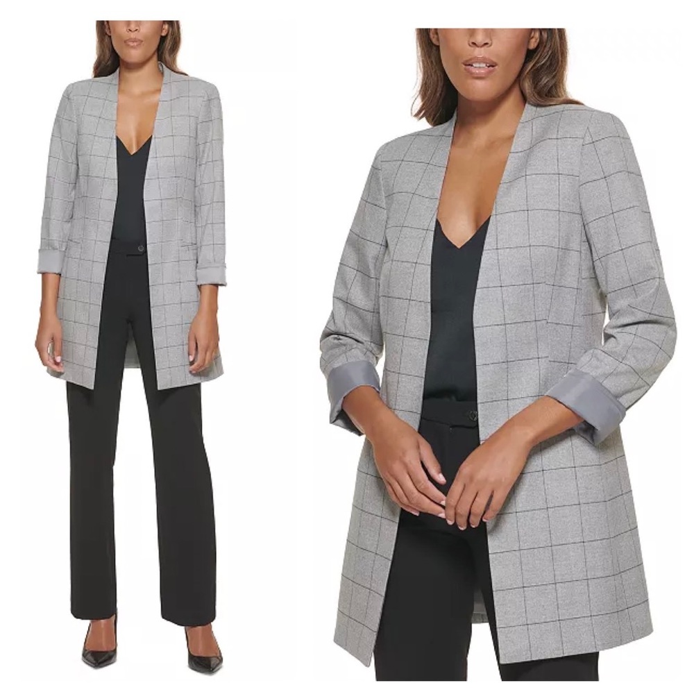Calvin Klein Light Gray Windowpane Long Blazer